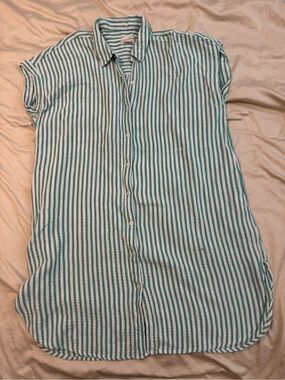 Universal Thread Teal and White Striped Casual Button-Down Shirt Dress